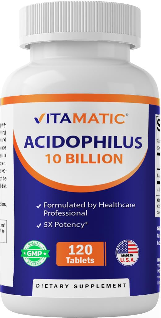 Vitamatic Acidophilus Probiotic bottle label showing 10 Billion CFU and 120 tablets