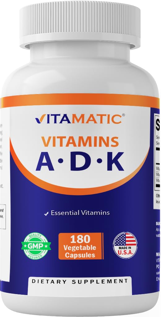 Front view of Vitamatic ADK supplement bottle