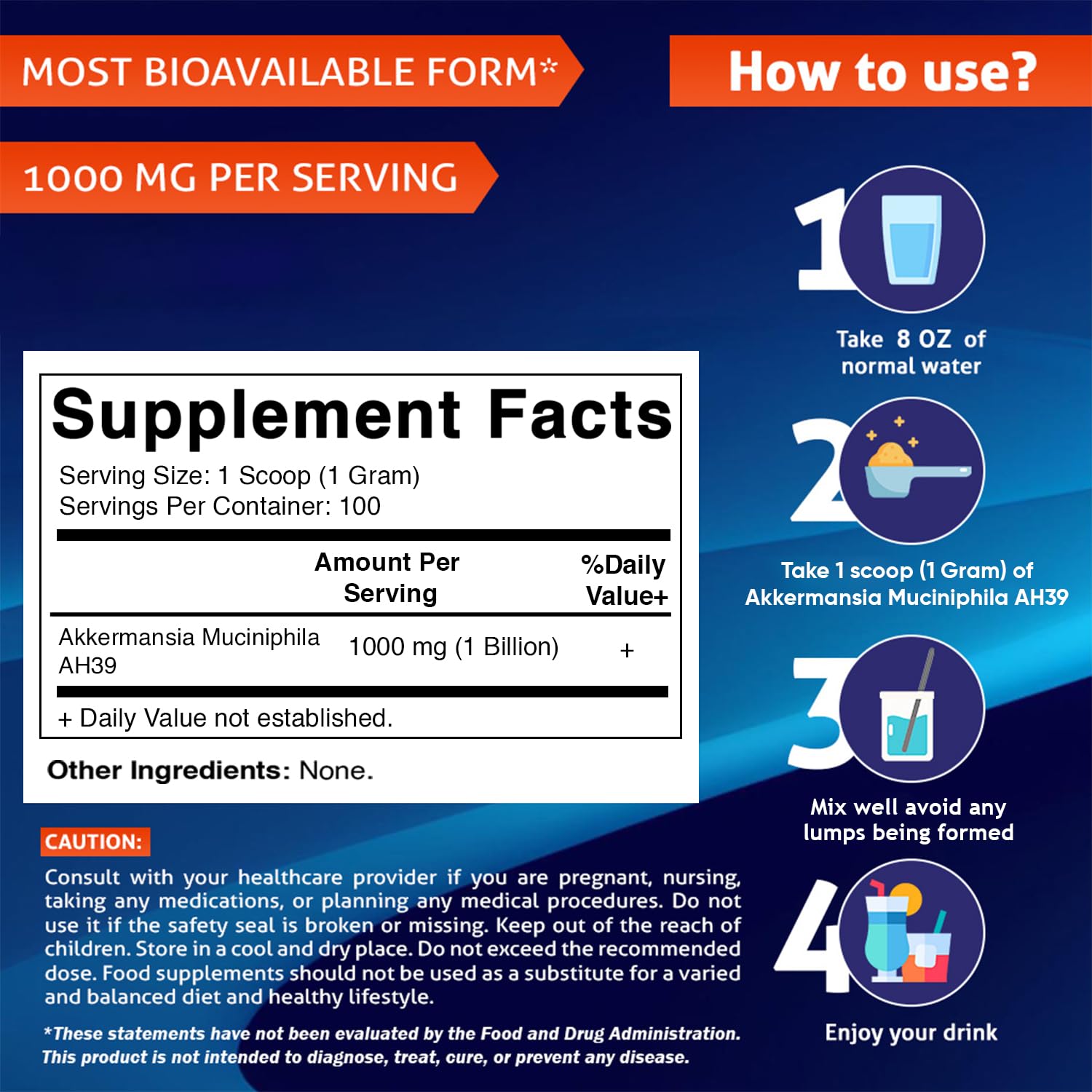 Product label for Vitamatic Akkermansia Muciniphila Gut Health powder 100 g