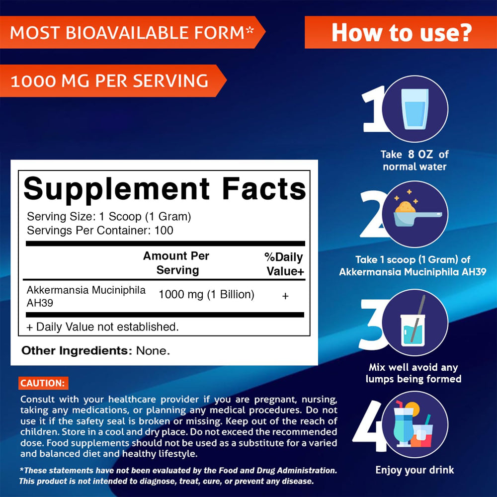 Product label for Vitamatic Akkermansia Muciniphila Gut Health powder 100 g