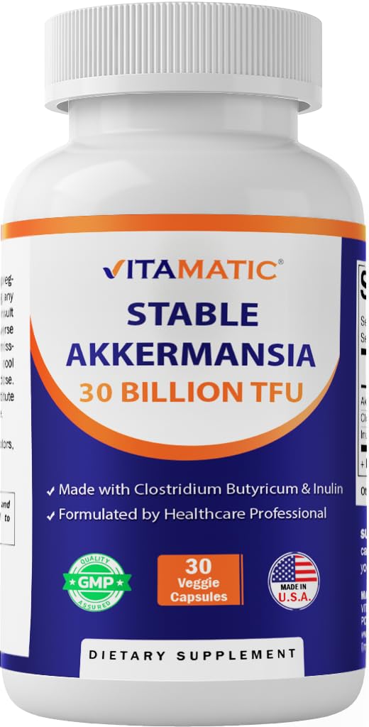 Bottle of Vitamatic Akkermansia muciniphila 30B TFU probiotic capsules
