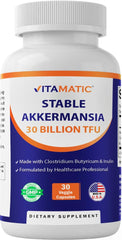 Bottle of Vitamatic Akkermansia muciniphila 30B TFU probiotic capsules