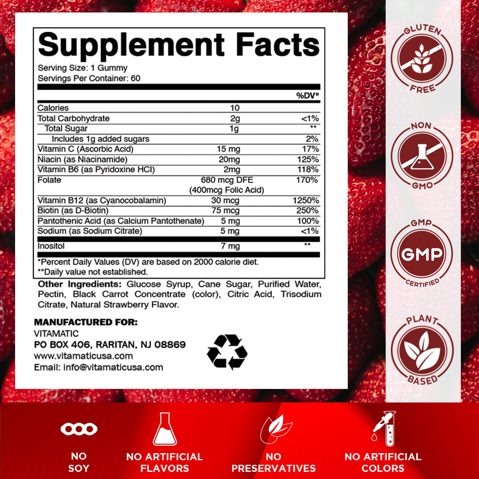 Vitamatic Vitamin B Complex Gummies Strawberry label close-up