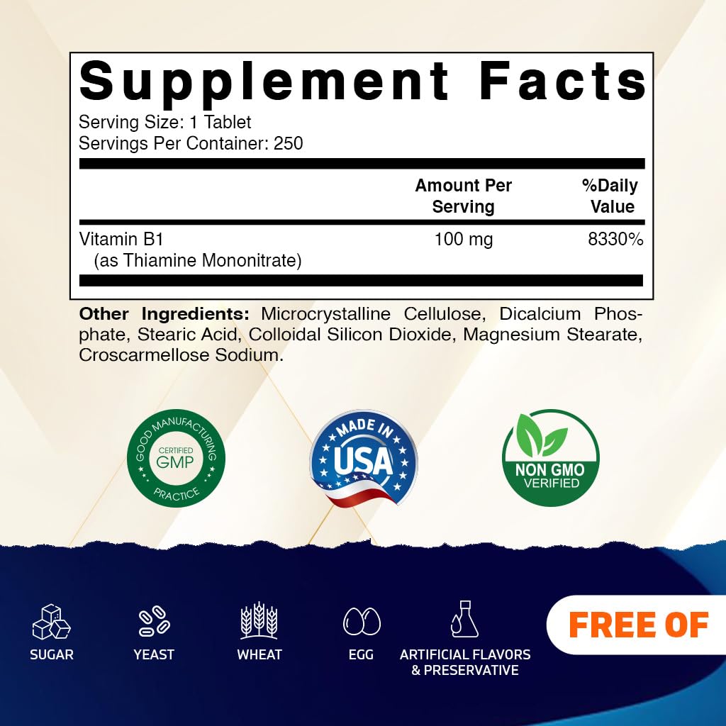 Close-up of 100mg Vitamin B1 tablets in bottle