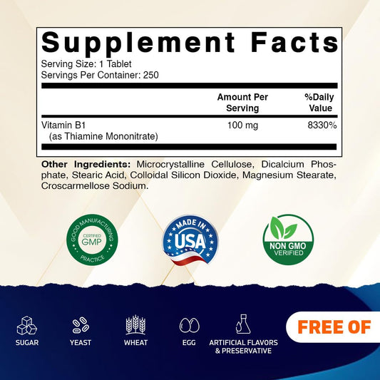 Close-up of 100mg Vitamin B1 tablets in bottle