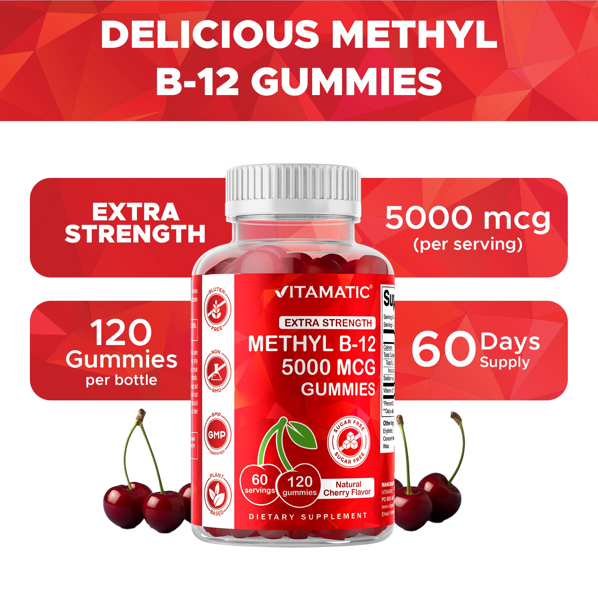 Nutrition facts label for Vitamatic B12 5000 mcg gummies