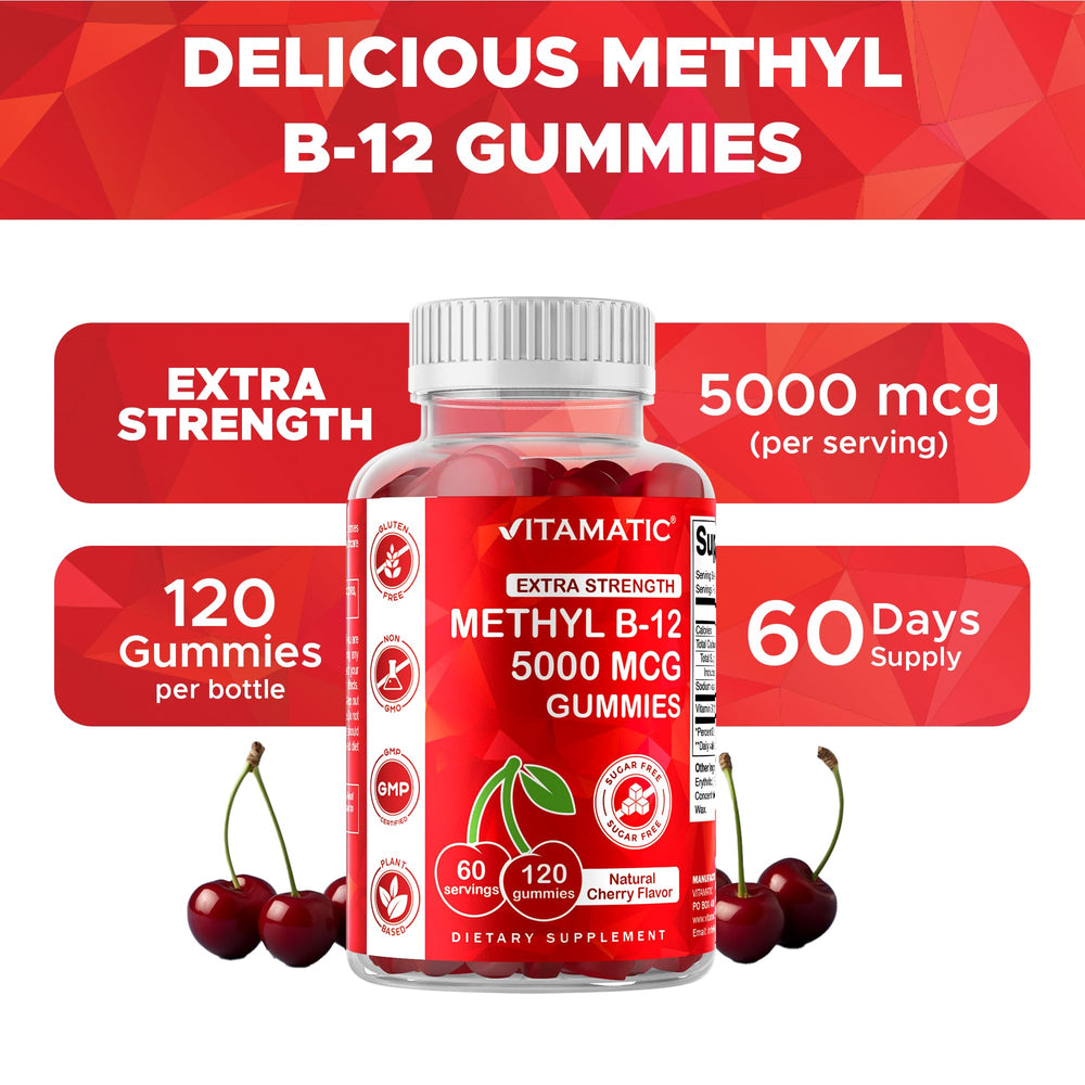 Nutrition facts label for Vitamatic B12 5000 mcg gummies