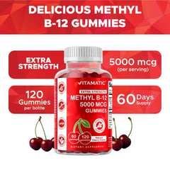 Nutrition facts label for Vitamatic B12 5000 mcg gummies