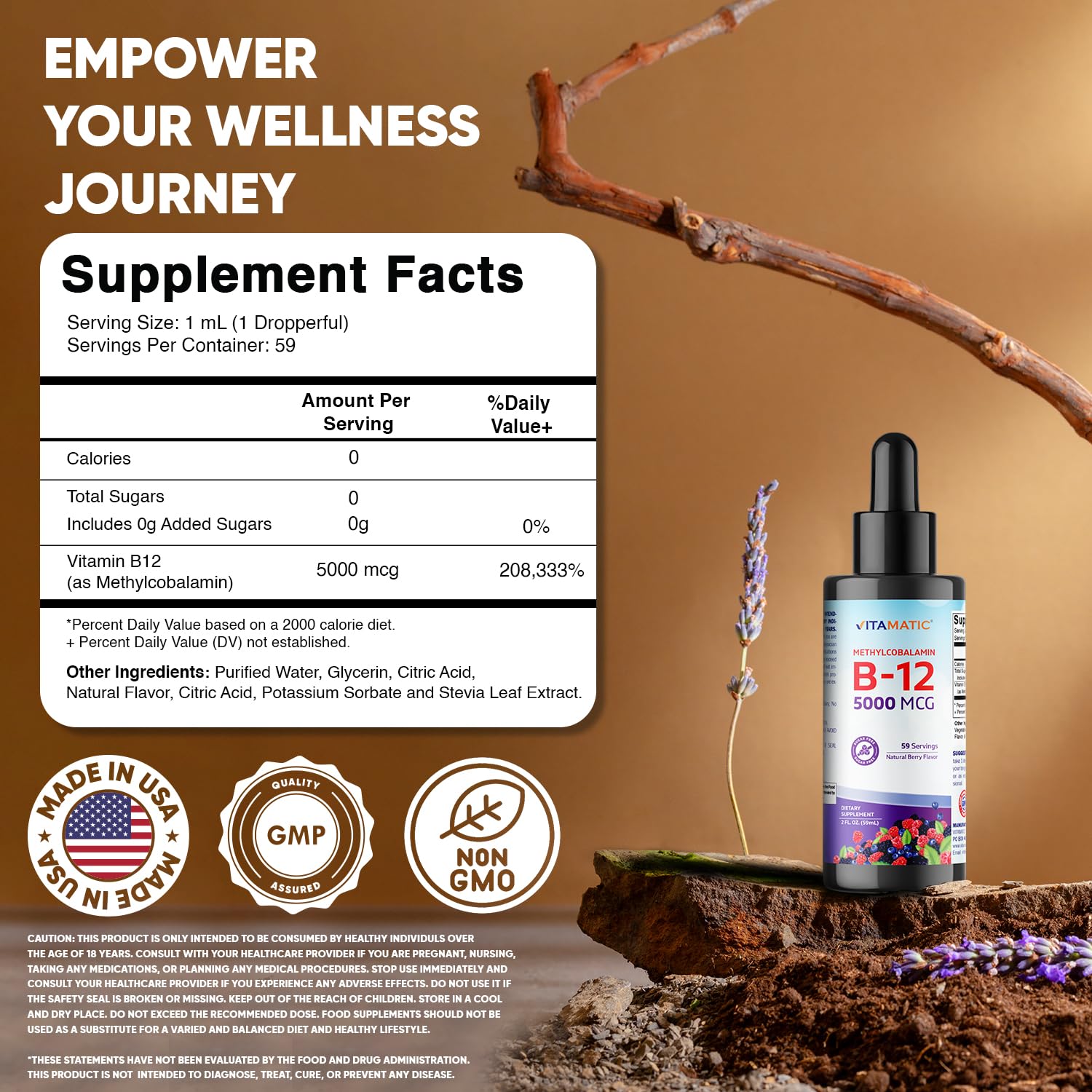 Berry-flavored B12 liquid bottle with dropper