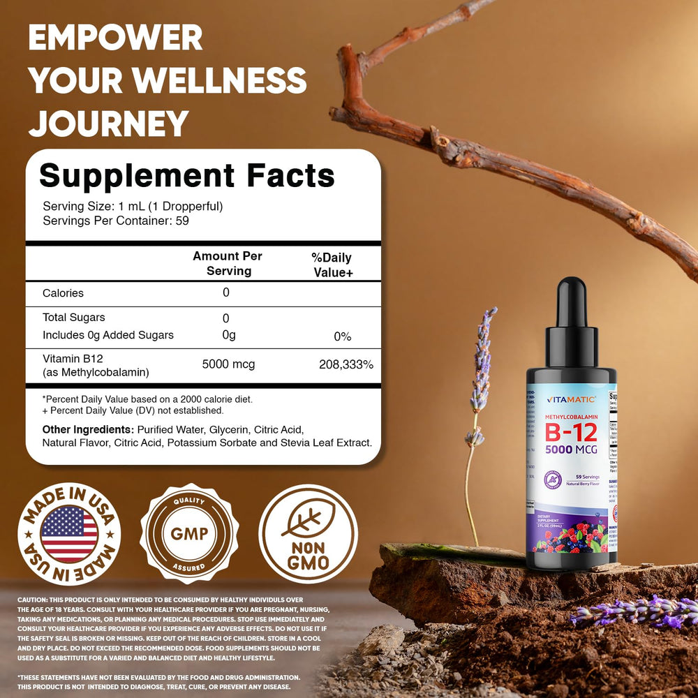 Berry-flavored B12 liquid bottle with dropper