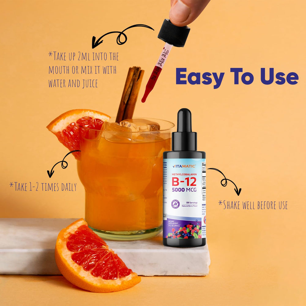 Close-up of dosing dropper releasing B12 liquid