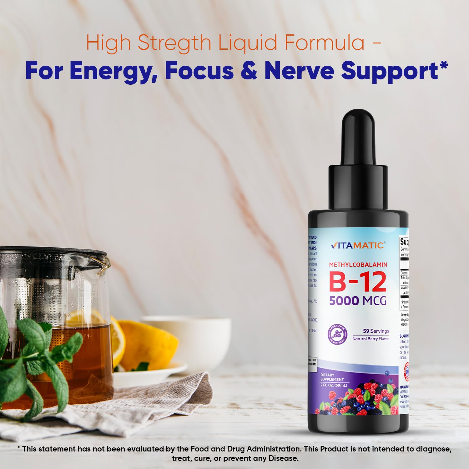 Front view of Vitamatic B12 liquid bottle with packaging