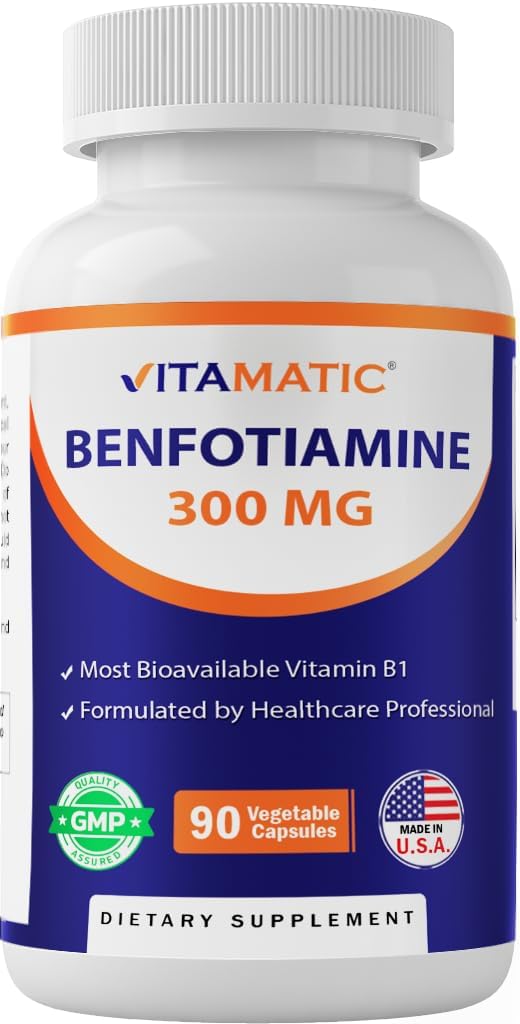 Front view of Vitamatic Benfotiamine 300 mg bottle with 90 vegetarian capsules