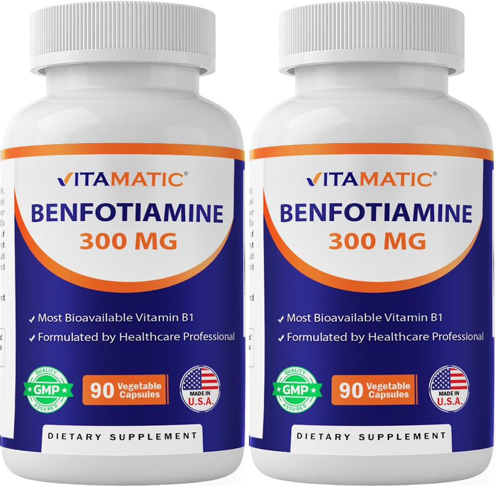 Front view of Vitamatic Benfotiamine 300 mg bottle