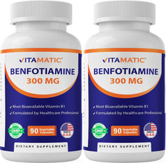 Front view of Vitamatic Benfotiamine 300 mg bottle