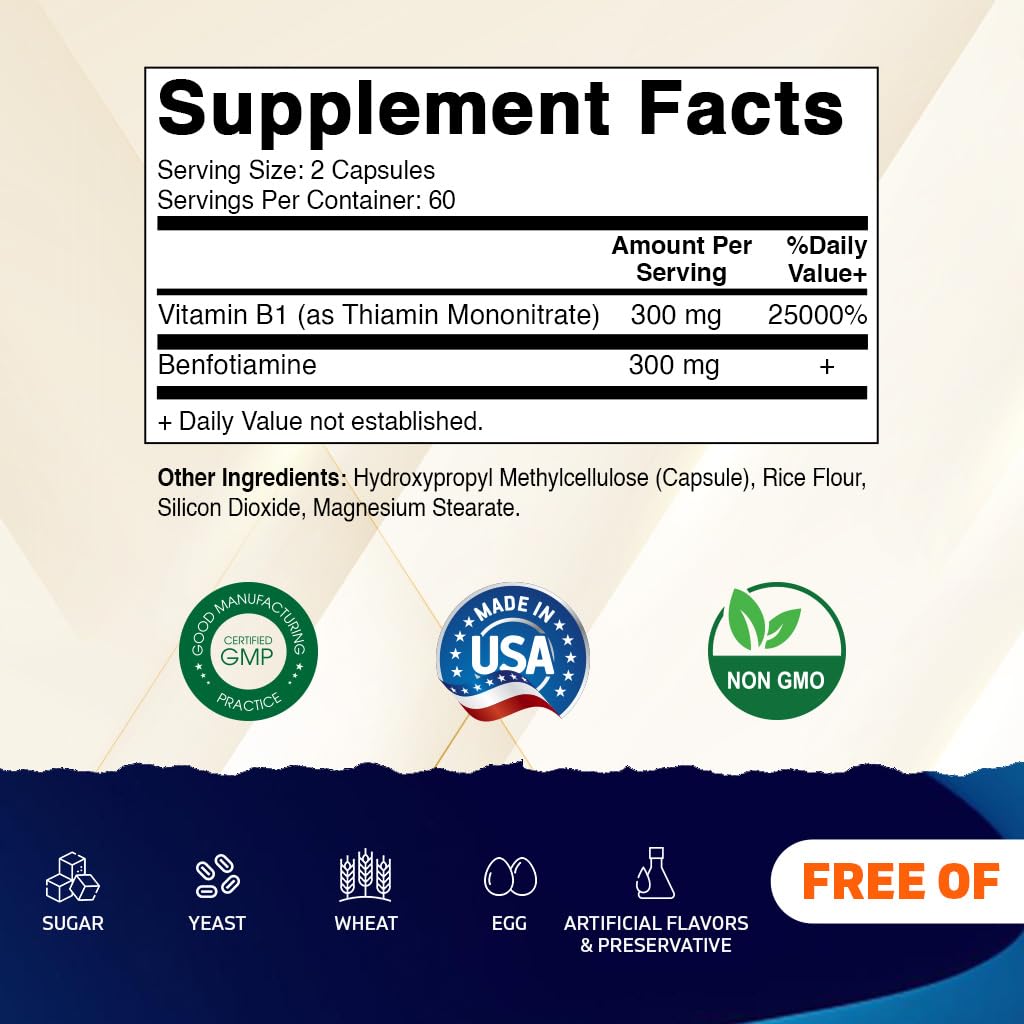 Dual formula per serving: 300mg benfotiamine and 300mg thiamine