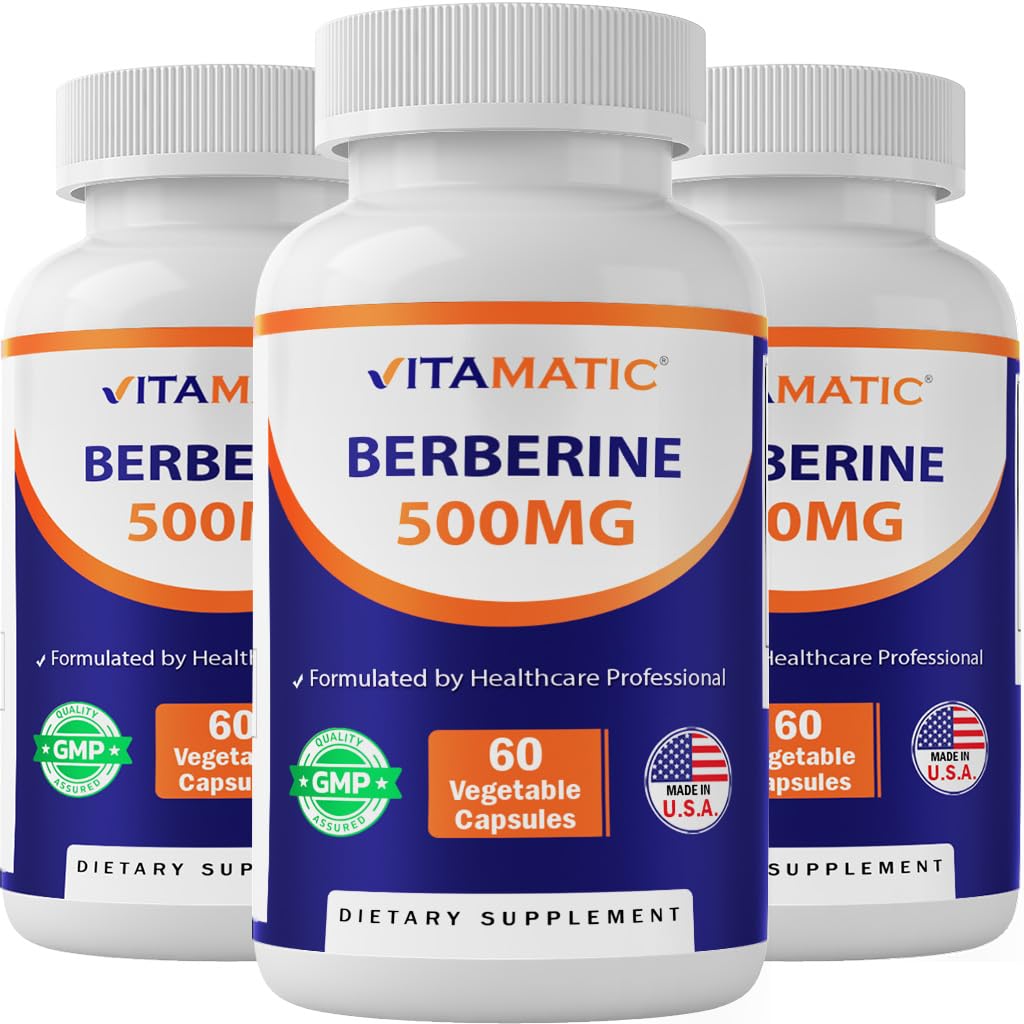 Front view of Vitamatic Berberine 500mg 60-veg capsules bottle