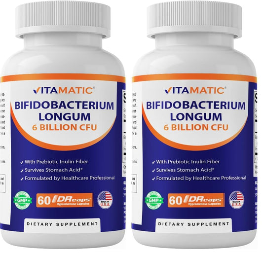 Front view of Vitamatic Bifidobacterium Longum DR capsule bottle (pack of 2)