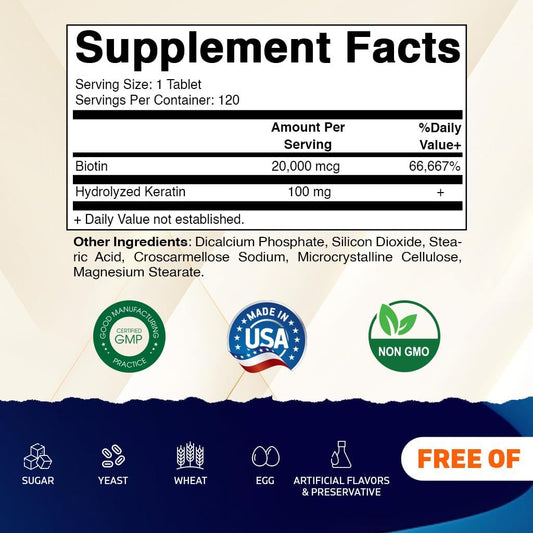 Label close-up of Vitamatic Biotin 20000 mcg with Keratin