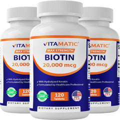 Vitamatic Biotin 20000 mcg with Keratin bottle and 120 vegetarian tablets