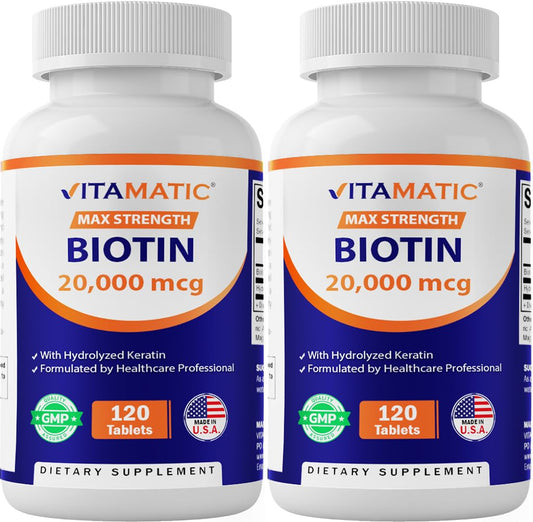 Front view of Vitamatic Biotin 20000 mcg with Keratin 100 mg bottle - pack2