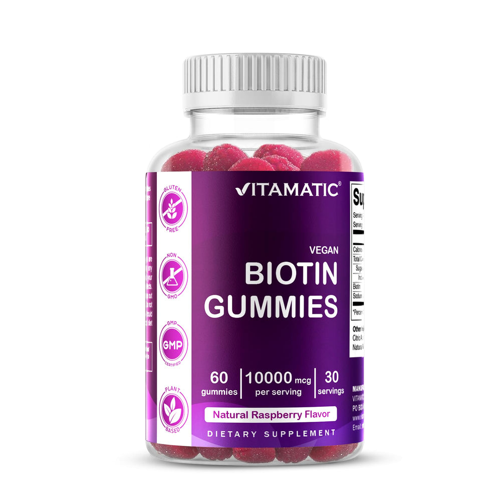 Vitamatic Biotin Gummies bottle displaying 10,000 mcg per serving