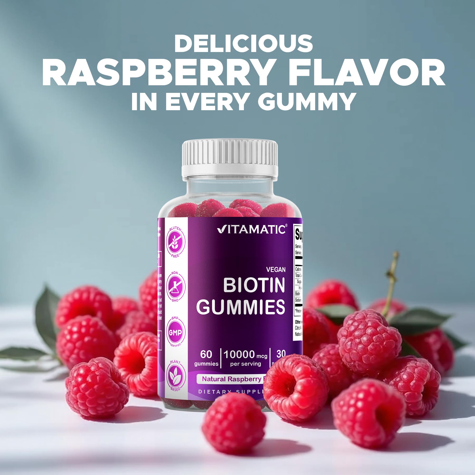 Vitamatic Biotin Gummies on a white surface