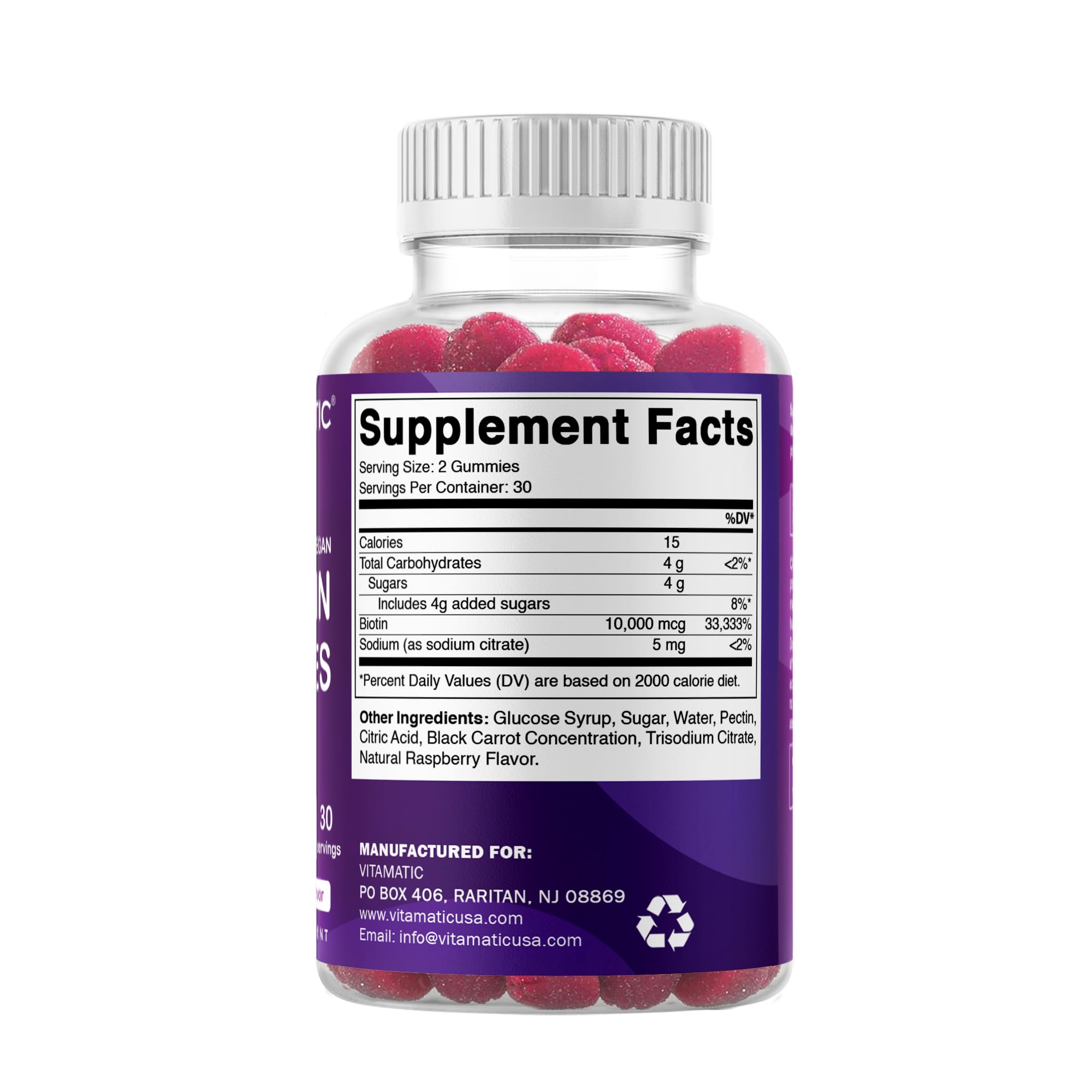 Nutrition facts panel of Vitamatic Biotin Gummies