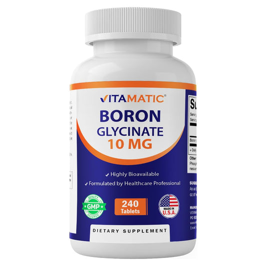 Front label of Vitamatic Chelated Boron Glycinate 10mg bottle
