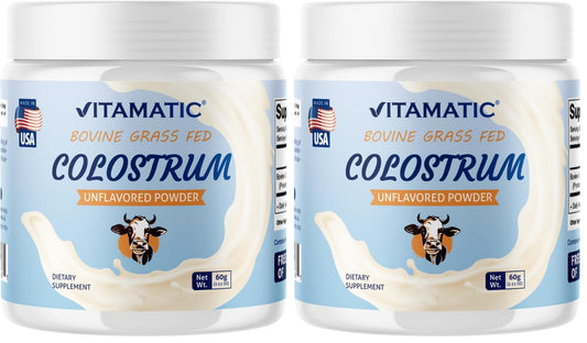 Front view of Vitamatic Bovine Colostrum 30% IgG powder in a two-pack
