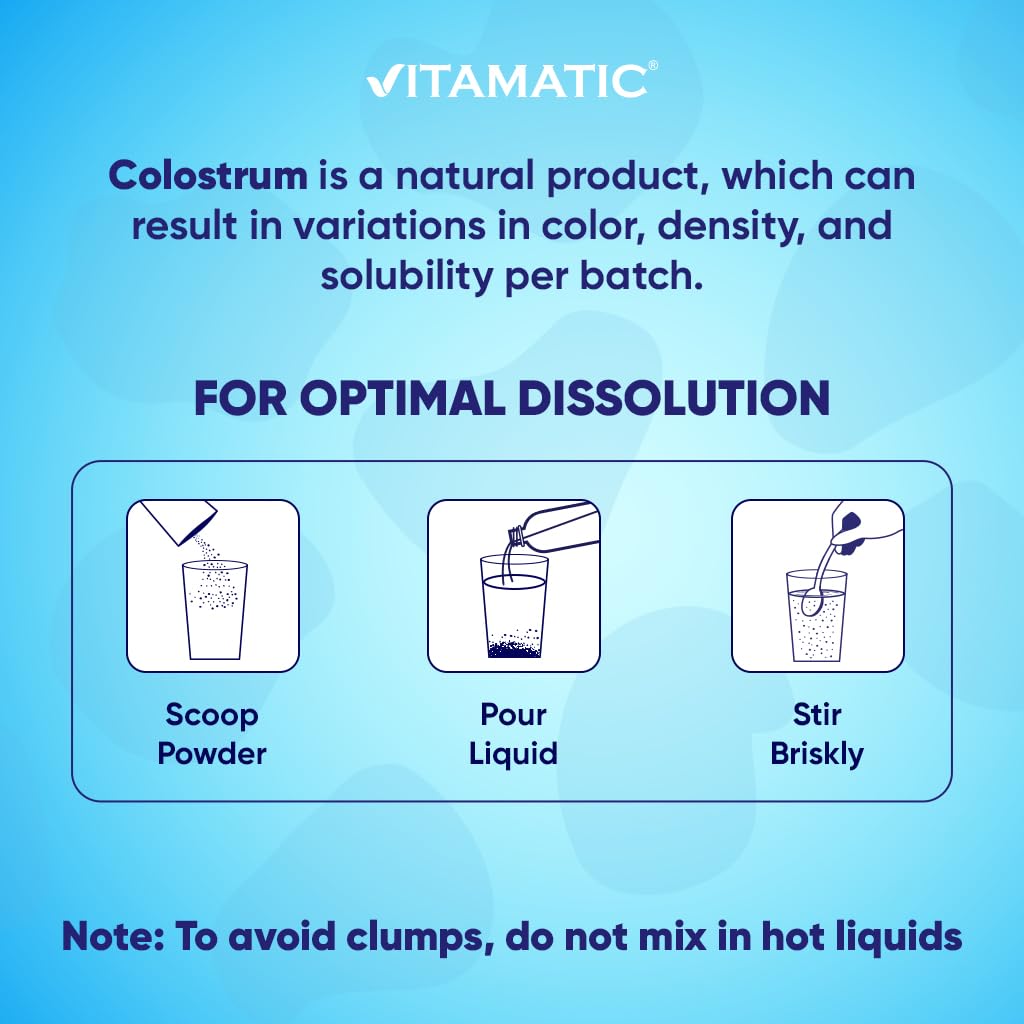 Gluten-free and GMO-free labeling on Vitamatic colostrum powder