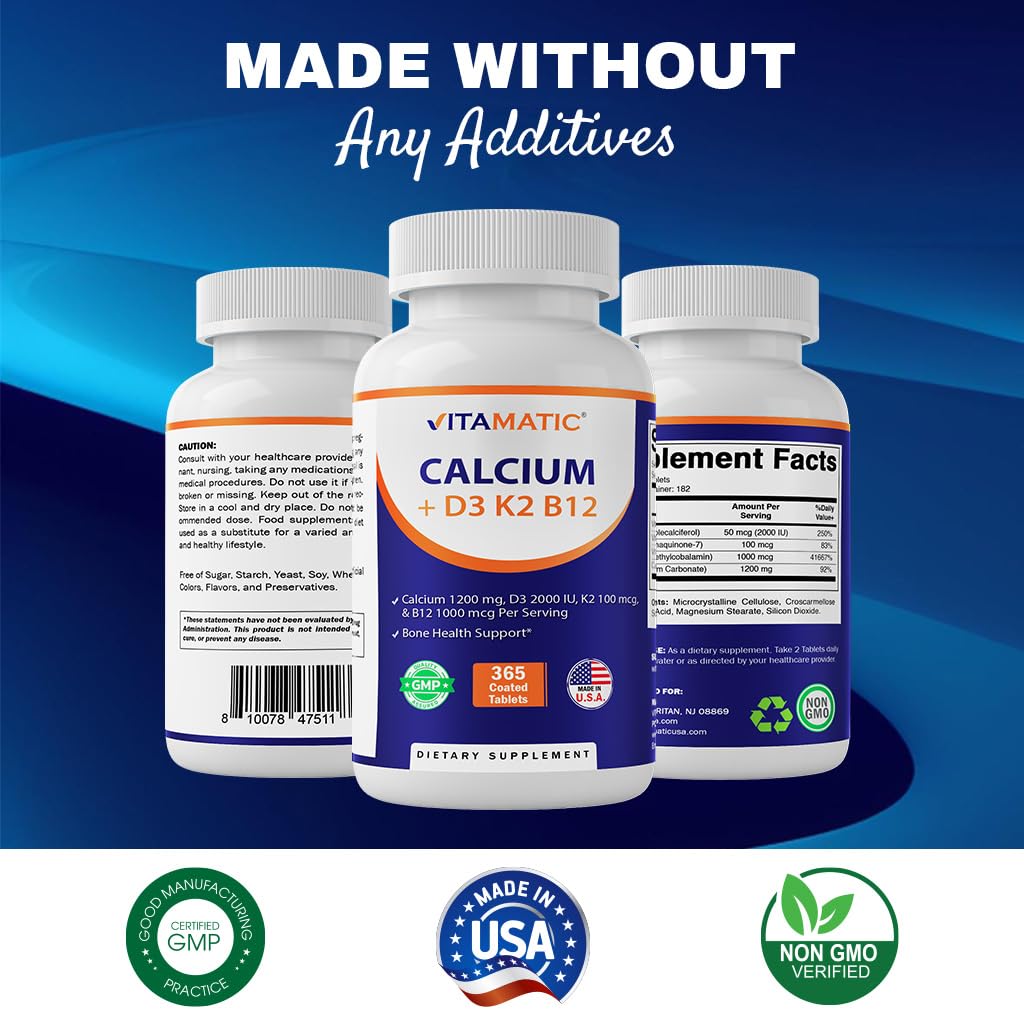Packaging graphic for Vitamatic Calcium 1200mg with D3, K2 & B12