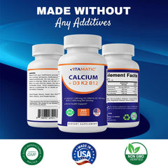 Packaging graphic for Vitamatic Calcium 1200mg with D3, K2 & B12