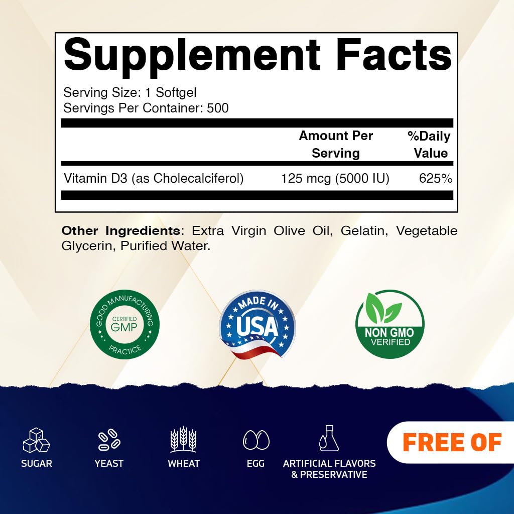 Olive oil-based Vitamin D3 5000 IU softgels close-up