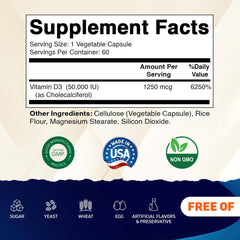 Label and bottle back of Vitamatic D3 50k weekly dose