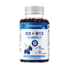 Vitamatic Vitamin D3 + B12 Gummies Blue Raspberry bottle with 60 gummies
