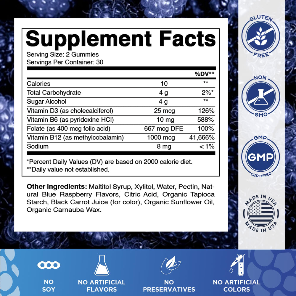 Front view of Vitamatic Blue Raspberry gummies bottle