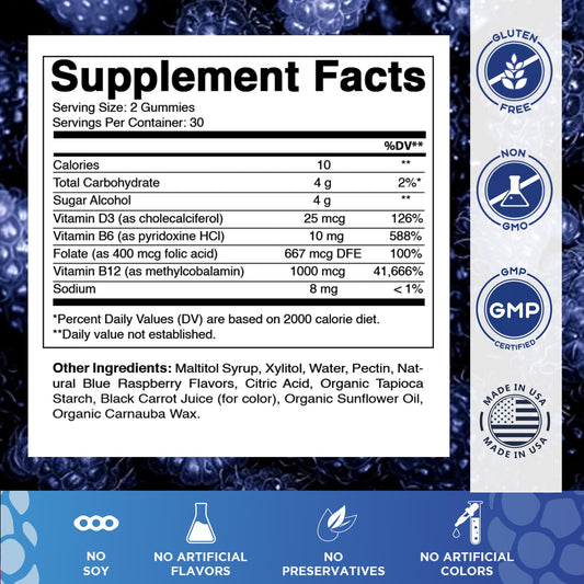 Front view of Vitamatic Blue Raspberry gummies bottle