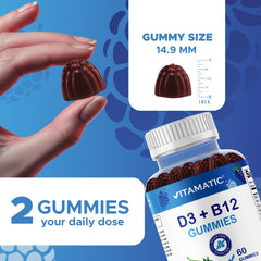 Nutrition facts panel for Vitamatic D3 + B12 Gummies