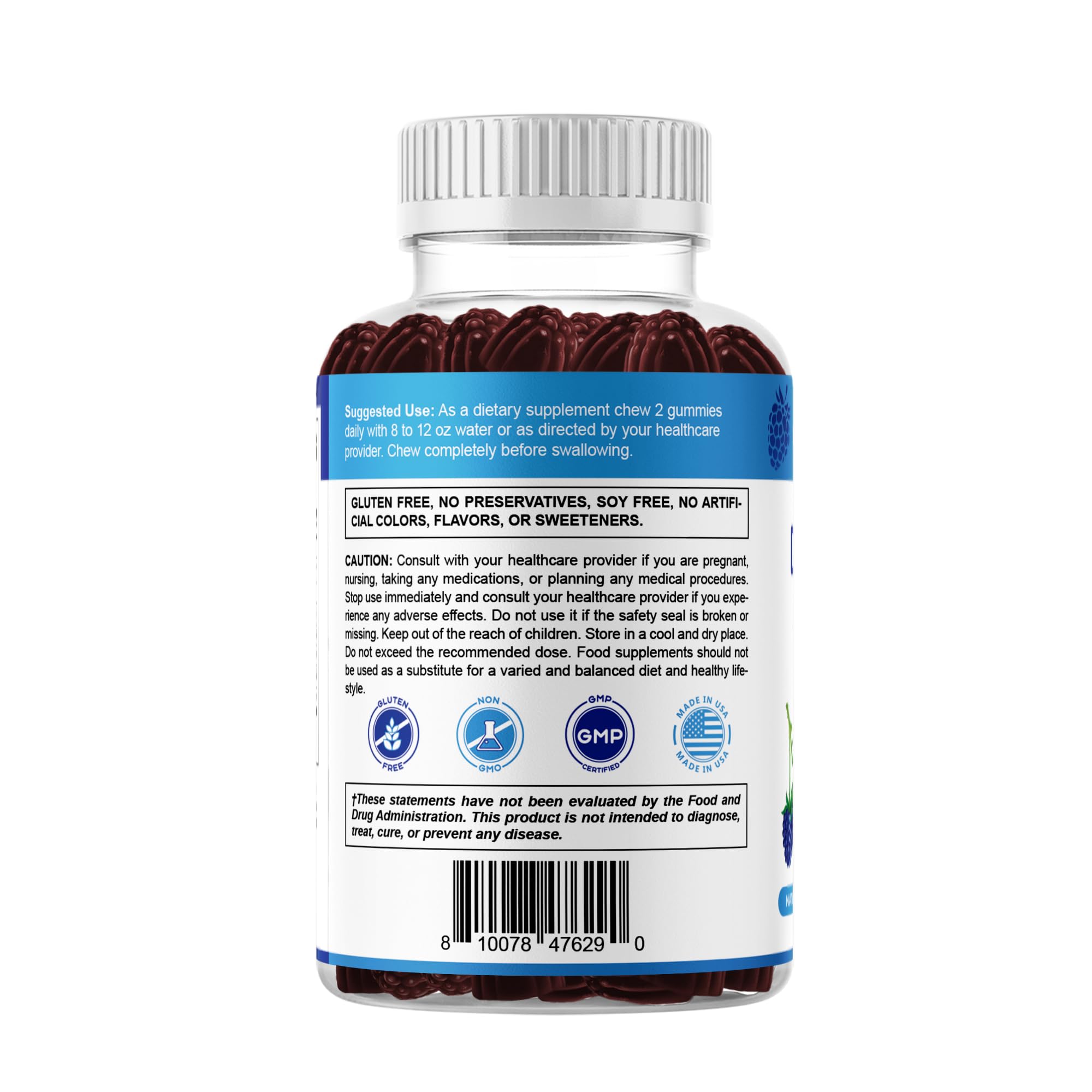 Gummies with natural blue raspberry flavor beside packaging