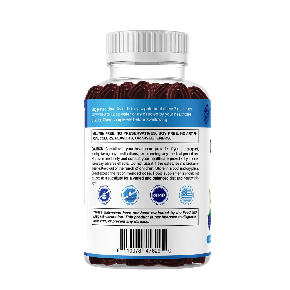 Gummies with natural blue raspberry flavor beside packaging