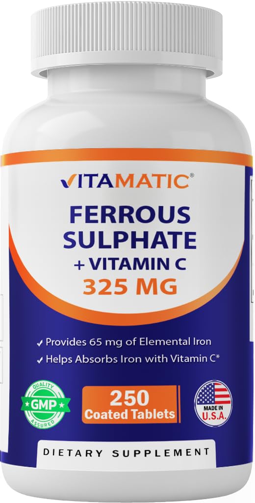 Front view of Vitamatic Ferrous Sulfate 325 mg + Vitamin C 100 mg bottle