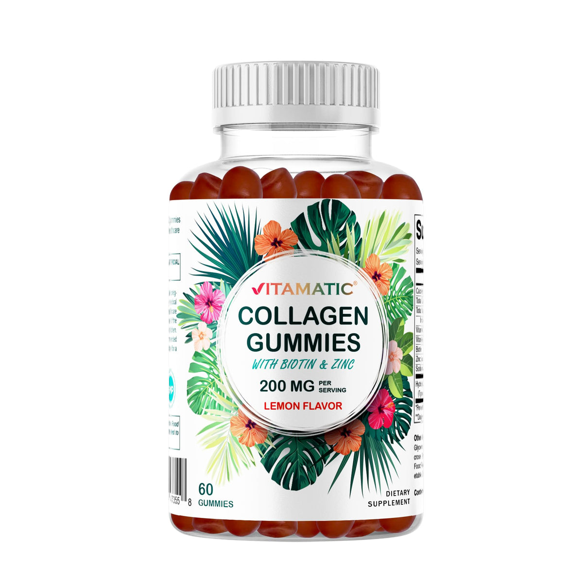 Front view of Vitamatic Hydrolyzed Collagen Gummies bottle with tropical flavor