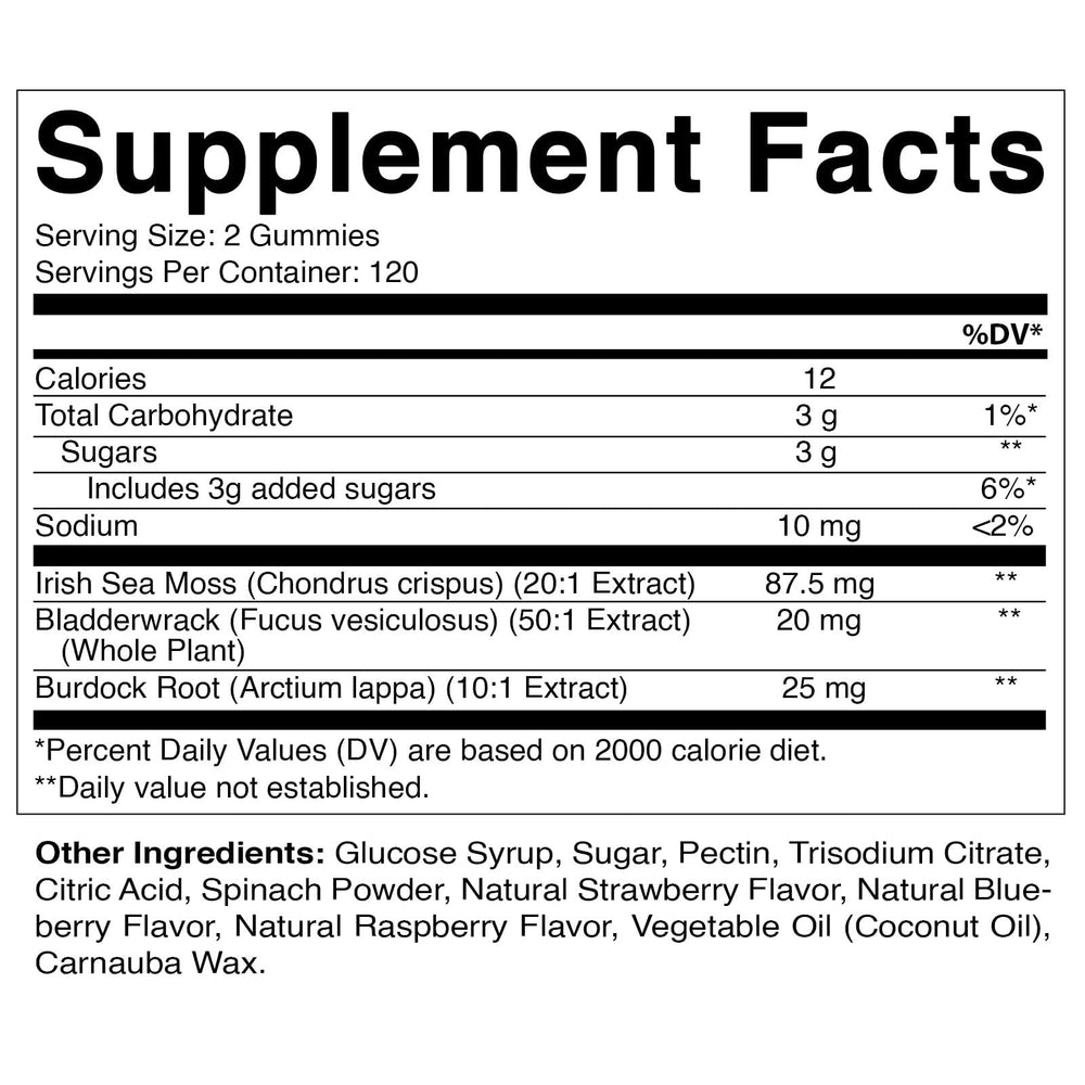 Ingredient close-up showing bladderwrack and burdock root in Vitamatic Sea Moss Gummies