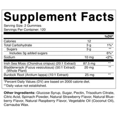 Ingredient close-up showing bladderwrack and burdock root in Vitamatic Sea Moss Gummies