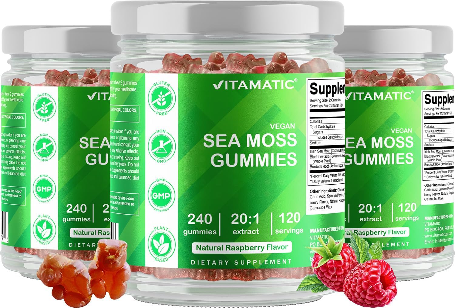 Gluten-free and non-GMO label on Vitamatic Sea Moss Gummies packaging