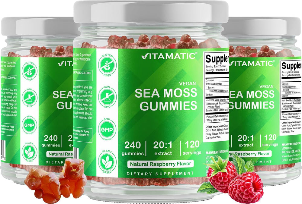 Gluten-free and non-GMO label on Vitamatic Sea Moss Gummies packaging