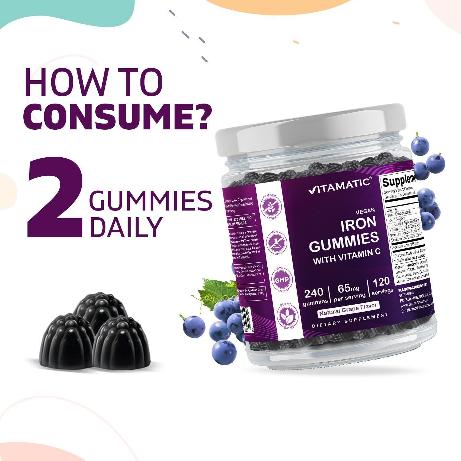 Label showing ingredients of Vitamatic Iron 65 mg Gummies