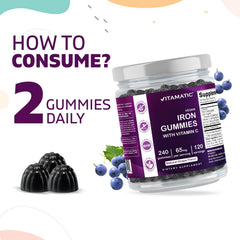 Label showing ingredients of Vitamatic Iron 65 mg Gummies