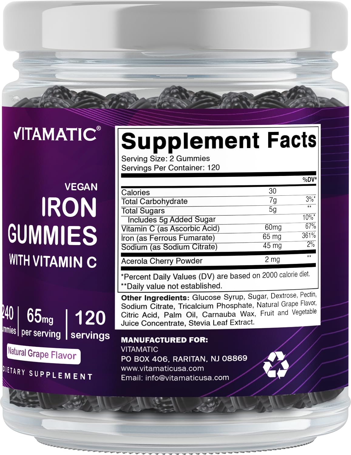 Pack shot showing 240-count bottle of Vitamatic Iron 65 mg Gummies